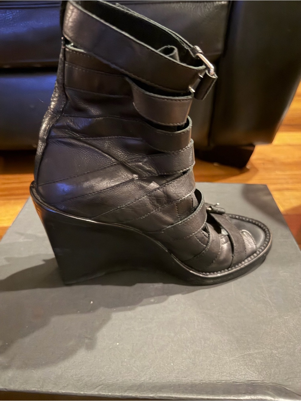 Ann Demeulemeester Black Strappy Leather Peep Toe Boot 37/7 RARE Original design - Picture 8 of 10